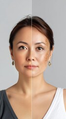 Before And After Portrait Of Woman Showing Skin Pigmentation Treatment