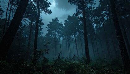 Dark Stormy Night in a Remote Forest with Swirling Trees and Fog