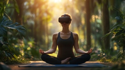 A woman practices yoga and meditation in a serene forest while wearing a virtual reality headset