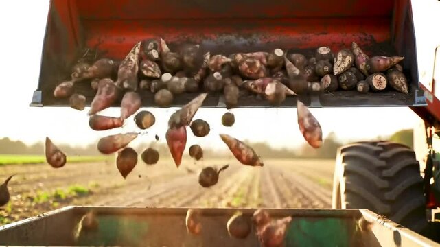 Yacon Roots Transfer from Red Tractor Scoop to Green Container on Field in Bright Sunlight for Agricultural Harvesting Footage