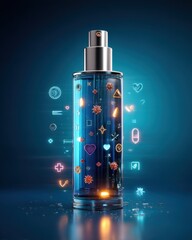 Blue Glass Sanitizer Bottle with Glowing Medical Icons