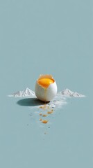 Broken Egg Yolk with Flour on Blue Background
