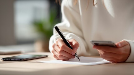 Woman writing notes while consulting smartphone at office desk