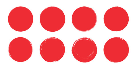 Japanese red circles. Japan crayon brush sun. Hand drawn Asian round set. Rough grunge frames, watercolor borders, scribbles. Ink brush Chinese paint. Calligraphy sunset icons. Isolated vector illustr