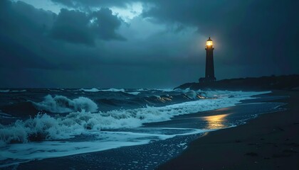 Fototapeta premium Stormy Night with Waves Crashing on Deserted Beach and Lighthouse