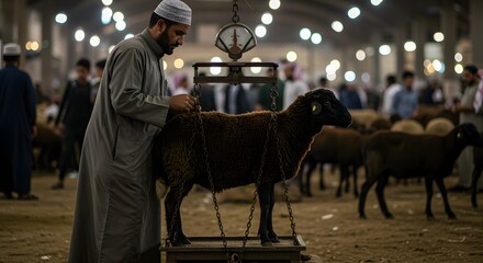 Man Weighing Goat in Livestock Market for Eid Sacrifice