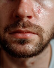 Fototapeta premium Close Up of Man's Face with Red Skin Mark and Beard