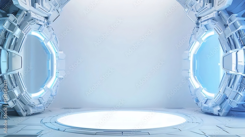 Aufkleber 近未来的な幾何学デザインの青い光と白の空間背景
