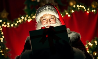 Santa Claus, with a warm smile and eyes twinkling with Christmas magic, cradled a meticulously wrapped green gift box adorned with a crimson ribbon, a symbol of joy and anticipation against the backdr