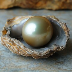 Golden pearl nestled in oyster shell