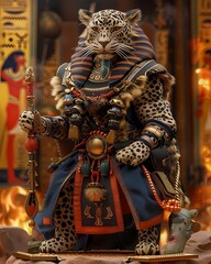 A majestic leopard, adorned with intricate patterns and holding a staff, stands as a guardian of ancient secrets, its piercing eyes locked onto the viewer. Anime fantasy creature illustration.
