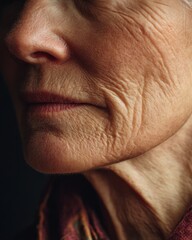 Obraz premium Close Up Portrait of a Woman's Face Showing Wrinkles and Texture