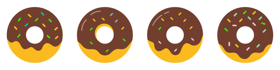 Set of cartoon donut vector icon set isolated on white background. Collection of cute doughnuts in different style. Sweet chocolate donuts in flat design. Vector illustration.