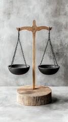 Antique-style balance scales, wooden base, black bowls
