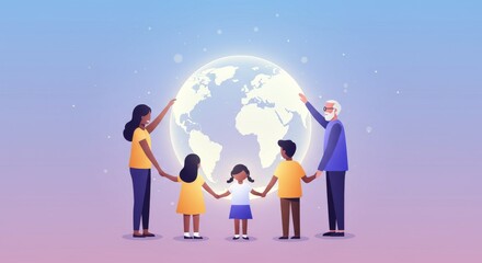 Modern Flat Illustration of Diverse Group Holding Hands Around Digital Earth