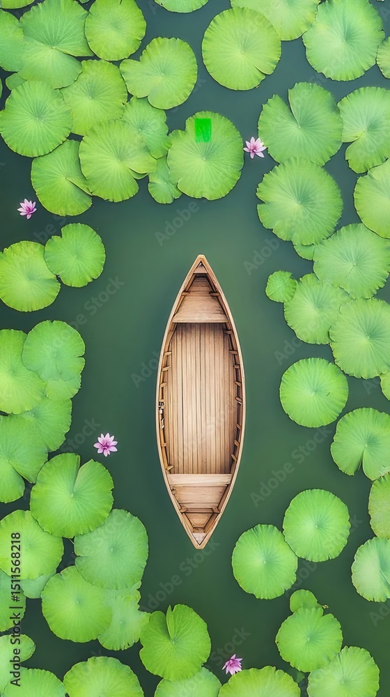 Aufkleber 水面を漂う木造のボートと蓮の葉の緑豊かな風景 深緑の池の上から見た静寂な夏の風景