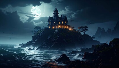 Dark and Stormy Night on a Deserted Island with a Creepy Building