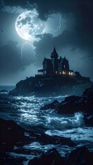 Dark and Stormy Night on a Deserted Island with Eerie Building