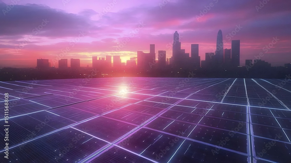 Poster 紫とピンクの夕焼け空にそびえる都市のシルエット 輝くグリッド状の光のパターン 壮大な夜景