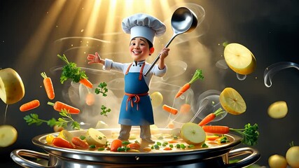 Animated cartoon chef joyfully cooking with floating vegetables and large soup pot under dramatic spotlight in colorful kitchen scene
- Powered by Adobe