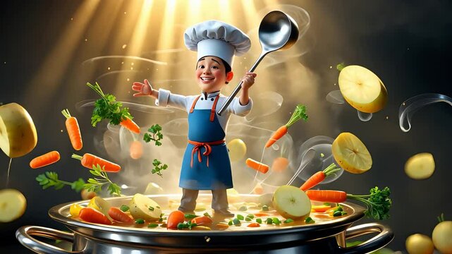 Animated cartoon chef joyfully cooking with floating vegetables and large soup pot under dramatic spotlight in colorful kitchen scene

