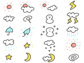 手描きのかわいい天気予報アイコンセット・太陽・雨・曇り・雪	