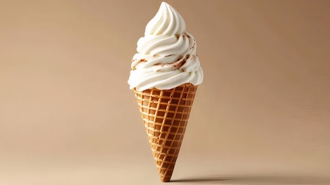 バニラソフトクリームが茶色の背景に立っているワッフルコーン
