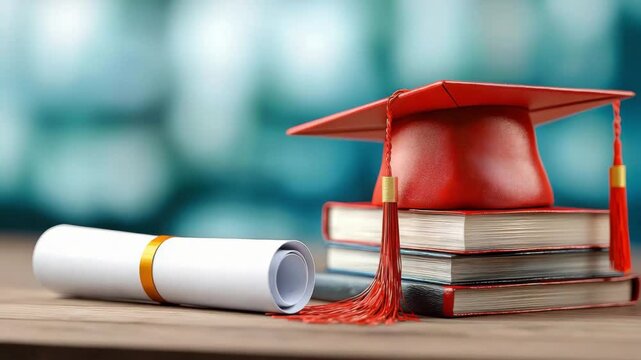 A vibrant red graduation cap resting atop a stack of books, symbolizing education and achievement in a modern academic setting.