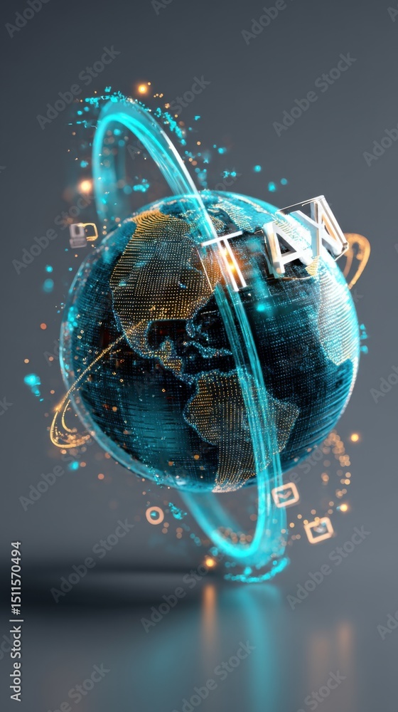 Poster digital globe with glowing orbit and data streams