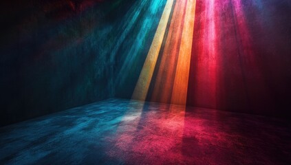 Colorful, dramatic, dark interior space with light beams