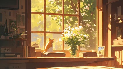 Cat sitting on windowsill looking out at flowering tree.