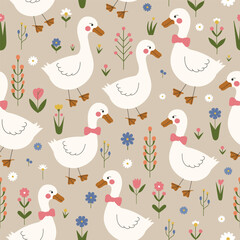 A seamless pattern of silly goose with pink bows and wildflowers
