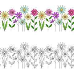 Set of floral bottom borders with meadow flowers and grass seamless vector pattern, decorative footer.