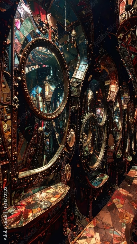 Poster dark carnival mirror maze with distorted reflections and twisted art