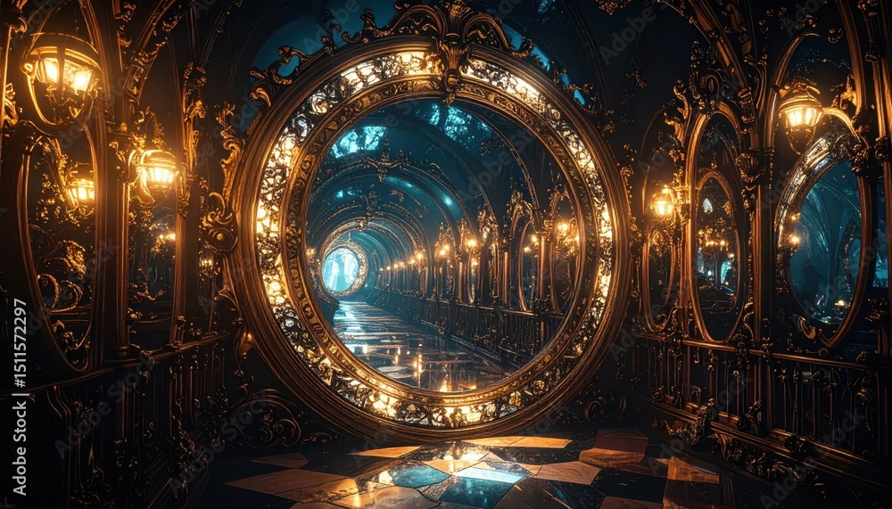 Poster dark twisted carnival maze with distorted mirrors and reflections