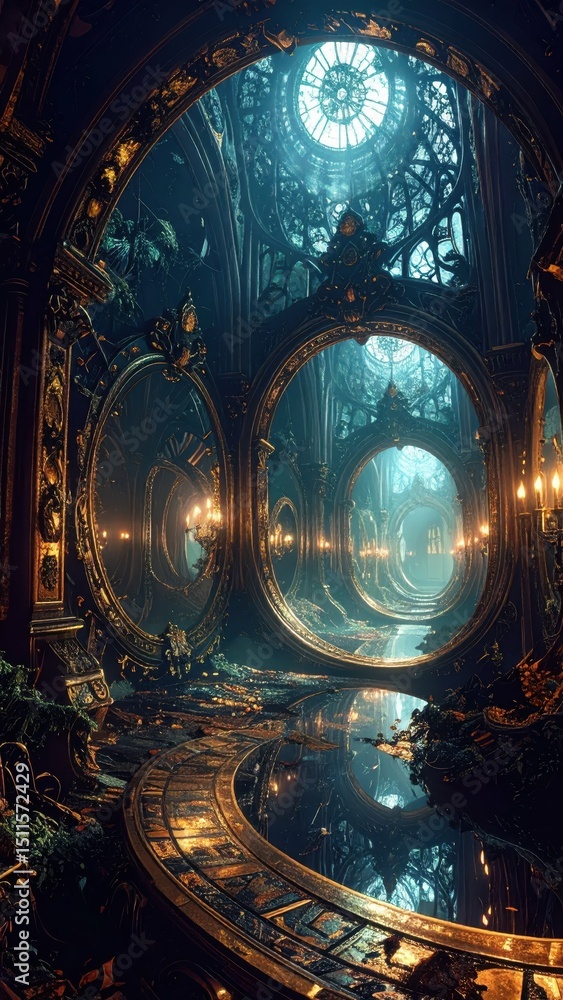 Poster dark and twisted carnival maze with distorted reflections in mirrors