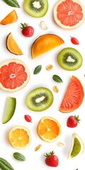 Fresh Fruit Slices and Whole Fruits on White Background