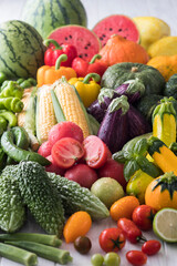 【夏野菜】表情豊かな夏野菜たち。トマト・ズッキーニ・ゴーヤ・オクラ・トウモロコシ・ナス・キュウリ・カボチャ・パプリカ・スイカ