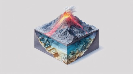 Isometric Cross Section of a Volcano with Ocean and Beach