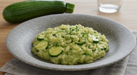 Creamy Risotto with Fresh Zucchini and Herbs Served on a Stylish Plate with Simple Background and Green Vegetable Garnish