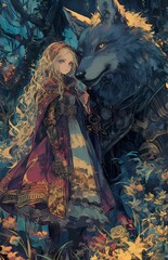 Young girl and majestic wolf in mystical forest