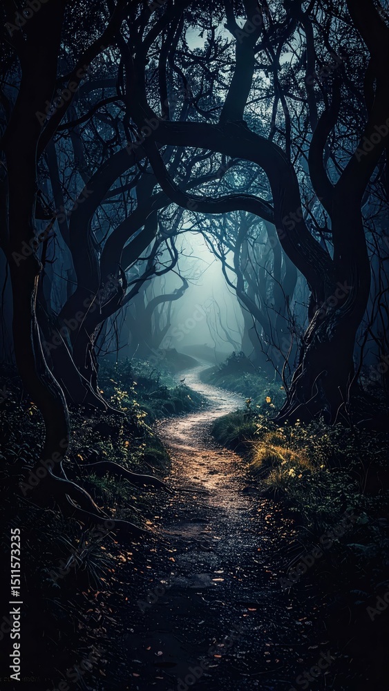 Poster dark twisted forest path with trees appearing to watch you