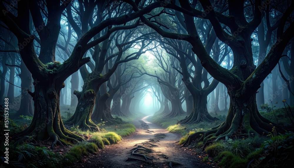 Poster Dark and Twisted Forest Path Underwatching Trees in a Mysterious Setting