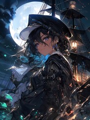 Young woman with purple eyes and multicolored hair on ship deck under full moon and starry sky.