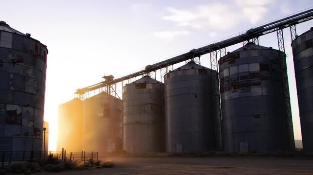 Row of Cylindrical Grain Silos Against a Radiant Sunset Sky in Rural Landscape With Golden Sunlight and Silhouetted Shapes Conveying a Strong Sense of Agricultural Storage