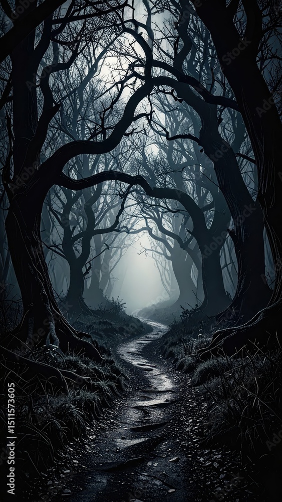 Aufkleber dark twisted forest path surrounded by watchful trees at dusk