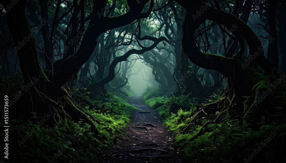 Poster dark and twisted forest path with watching trees and mysterious fog