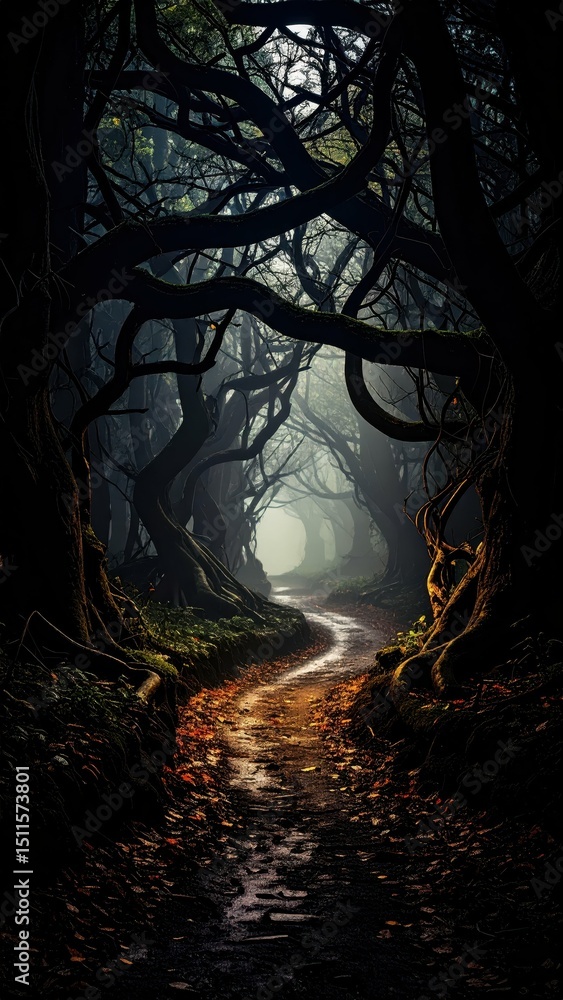 Aufkleber dark twisted forest path with watching trees and mysterious atmosphere