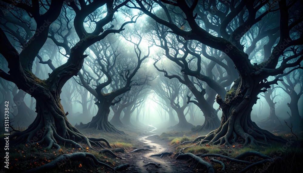 Aufkleber mysterious dark forest with twisted gnarled trees and misty path