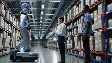 Warehouse workers interacting with futuristic robot - Powered by Adobe